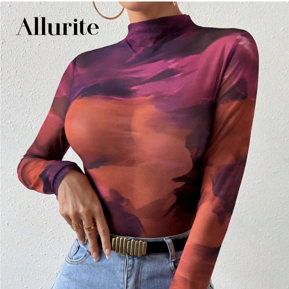 SHEIN Vibrant Pink and Orange Sheer Long Sleeve Top